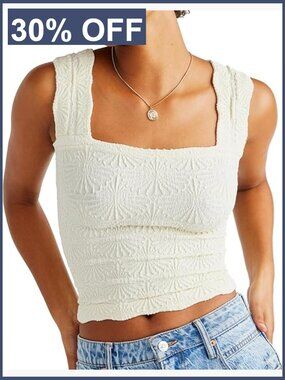 Square Neck Crop Tank Top Floral Embroidery Lettuce Trim Wide Strap